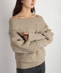 オフショルダー ケーブルニット