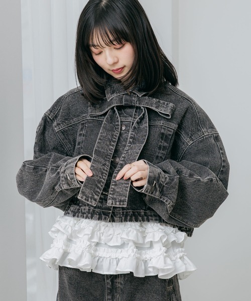 美品 Drawer ブラックデニムフリルジャケット 36リネン ショート丈リボン セール】デニムリボンショートジャケット 647635（デニムジャケット