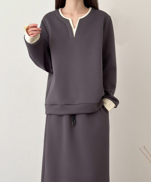 ABITOKYO(アビトーキョー)の「レイヤード風配色スキッパネックスウェットセットアップ(セットアップ・レディース・ブラック/チャコールグレー/ネイビー・M/L)」の1枚目の写真