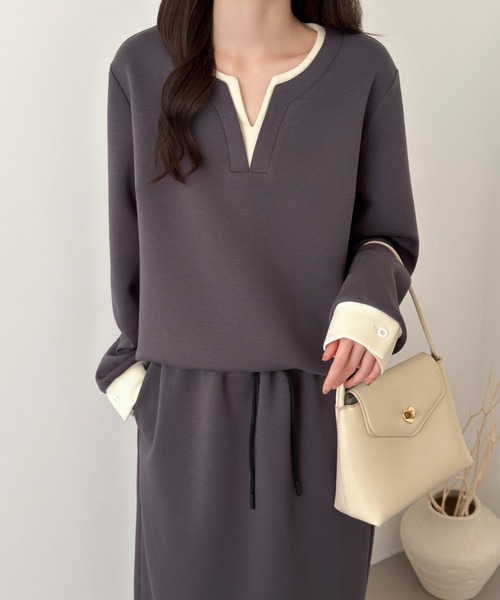 ABITOKYO(アビトーキョー)の「レイヤード風配色スキッパネックスウェットセットアップ(セットアップ・レディース・ブラック/チャコールグレー/ネイビー・M/L)」の20枚目の写真