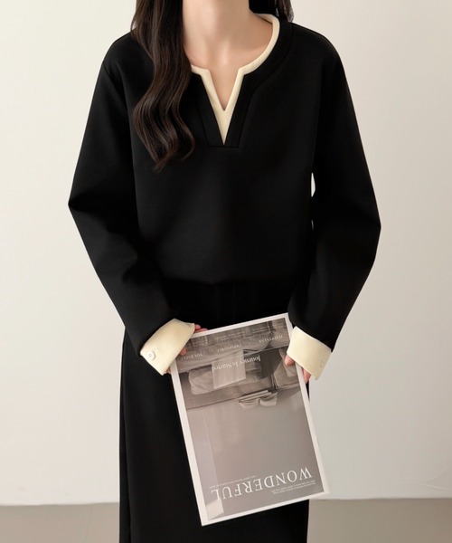 ABITOKYO(アビトーキョー)の「レイヤード風配色スキッパネックスウェットセットアップ(セットアップ・レディース・ブラック/チャコールグレー/ネイビー・M/L)」の11枚目の写真