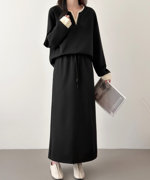 ABITOKYO(アビトーキョー)の「レイヤード風配色スキッパネックスウェットセットアップ(セットアップ・レディース・ブラック/チャコールグレー/ネイビー・M/L)」の10枚目の写真