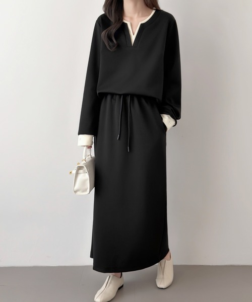 ABITOKYO(アビトーキョー)の「レイヤード風配色スキッパネックスウェットセットアップ(セットアップ・レディース・ブラック/チャコールグレー/ネイビー・M/L)」の15枚目の写真