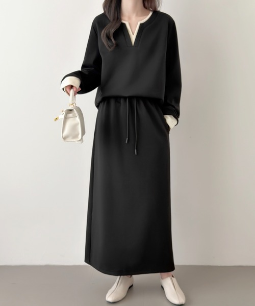 ABITOKYO(アビトーキョー)の「レイヤード風配色スキッパネックスウェットセットアップ(セットアップ・レディース・ブラック/チャコールグレー/ネイビー・M/L)」の14枚目の写真