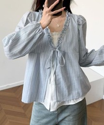 【春夏新作】胸リボン重ね着風パフスリーブブラウス