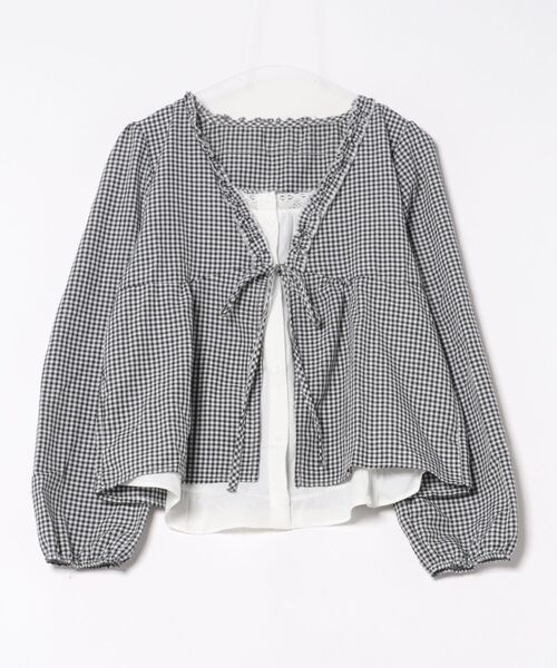LADY LIKE(レディライク)の「【春夏新作】胸リボン重ね着風パフスリーブブラウス(シャツ/ブラウス・レディース・サックスブルー/ブラック・M)」の3枚目の写真