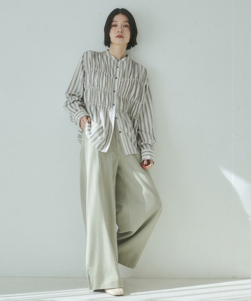 hunch(ハンチ)の「デニム/ツイル ウエスト切替 ワイドパンツ(デニムパンツ・レディース・ライトインディゴブルー/ライトオリーブ/インディゴブルー・FREE)」の6枚目の写真