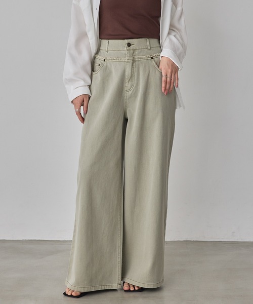 hunch(ハンチ)の「デニム/ツイル ウエスト切替 ワイドパンツ(デニムパンツ・レディース・ライトインディゴブルー/ライトオリーブ/インディゴブルー・FREE)」の8枚目の写真