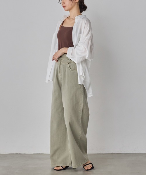 hunch(ハンチ)の「デニム/ツイル ウエスト切替 ワイドパンツ(デニムパンツ・レディース・ライトインディゴブルー/ライトオリーブ/インディゴブルー・FREE)」の12枚目の写真