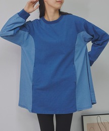 Fizz（フィズ）の「インディゴ裏毛　ストライプ切替えチュニック（チュニック）」