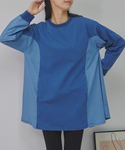 Fizz(フィズ)の「インディゴ裏毛 ストライプ切替えチュニック(チュニック・レディース・ブルー/ネイビー・M)」の2枚目の写真