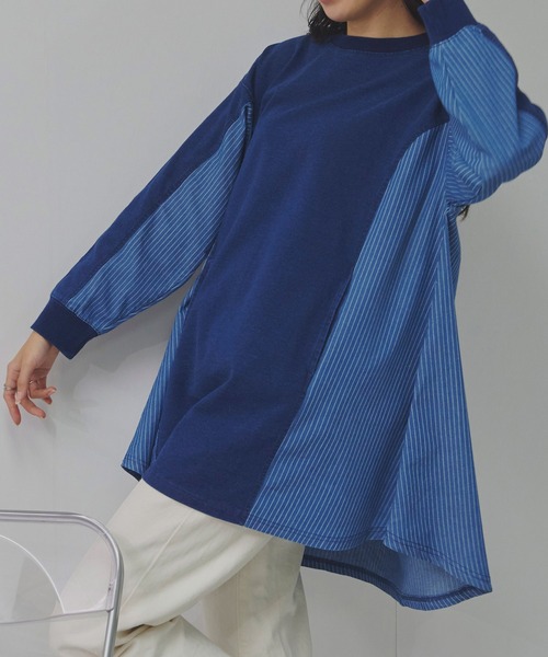 Fizz(フィズ)の「インディゴ裏毛 ストライプ切替えチュニック(チュニック・レディース・ブルー/ネイビー・M)」の7枚目の写真