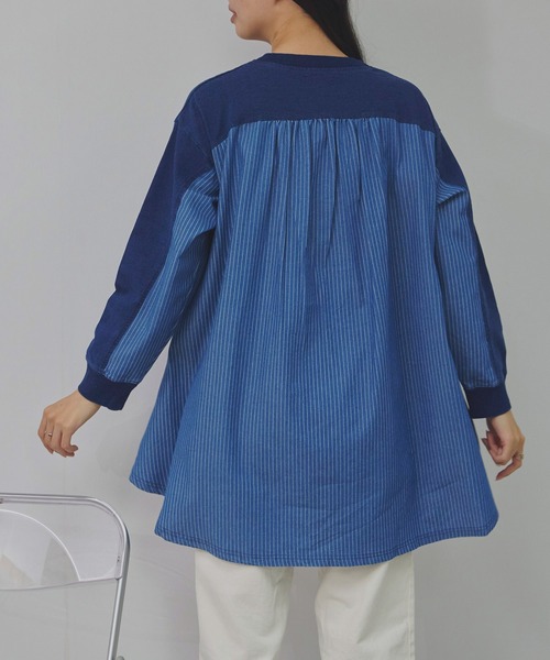 Fizz(フィズ)の「インディゴ裏毛 ストライプ切替えチュニック(チュニック・レディース・ブルー/ネイビー・M)」の8枚目の写真