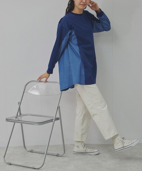 Fizz(フィズ)の「インディゴ裏毛 ストライプ切替えチュニック(チュニック・レディース・ブルー/ネイビー・M)」の12枚目の写真