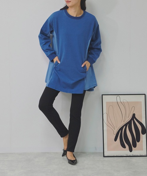 Fizz(フィズ)の「インディゴ裏毛 ストライプ切替えチュニック(チュニック・レディース・ブルー/ネイビー・M)」の3枚目の写真