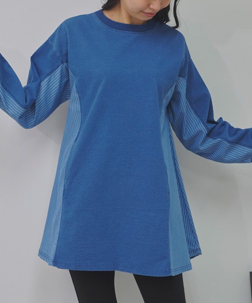 Fizz(フィズ)の「インディゴ裏毛 ストライプ切替えチュニック(チュニック・レディース・ブルー/ネイビー・M)」の6枚目の写真