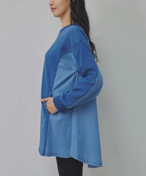Fizz(フィズ)の「インディゴ裏毛 ストライプ切替えチュニック(チュニック・レディース・ブルー/ネイビー・M)」の9枚目の写真