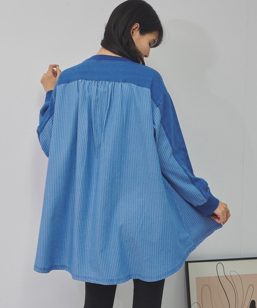 Fizz(フィズ)の「インディゴ裏毛 ストライプ切替えチュニック(チュニック・レディース・ブルー/ネイビー・M)」の10枚目の写真