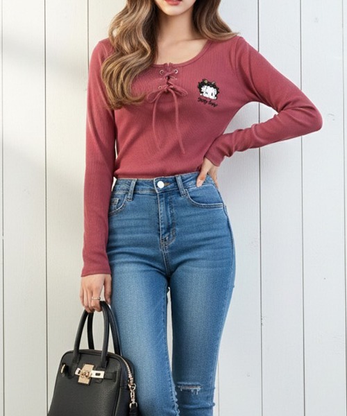 GLAMOROUS JANE（グラマラスジェーン）の「BETTY BOOP刺繍レースアップ長袖トップス（Tシャツ/カットソー・レディース・レッド/ブラック/グレー/オフホワイト・FREE）」の19枚目の写真