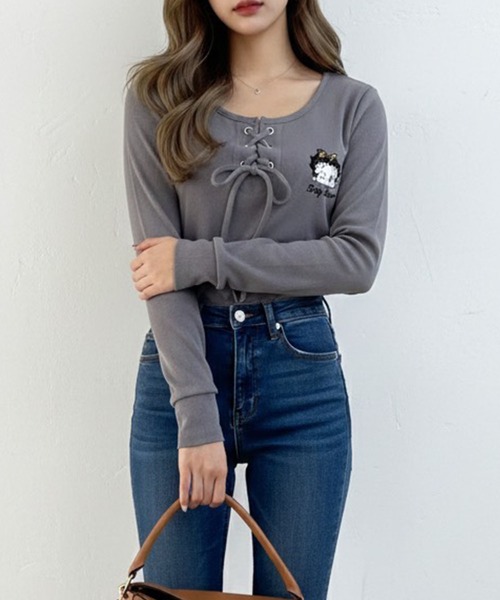 GLAMOROUS JANE（グラマラスジェーン）の「BETTY BOOP刺繍レースアップ長袖トップス（Tシャツ/カットソー・レディース・レッド/ブラック/グレー/オフホワイト・FREE）」の13枚目の写真