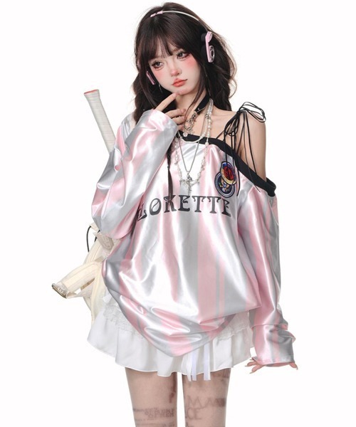 Ressaca(レサーカ)の「ワンショルダーストライプゲームシャツ(Tシャツ/カットソー・レディース・ピンク/レッド・M)」の12枚目の写真