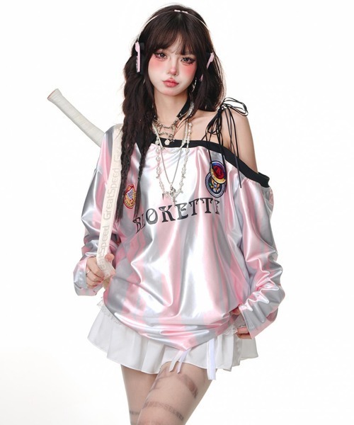 Ressaca(レサーカ)の「ワンショルダーストライプゲームシャツ(Tシャツ/カットソー・レディース・ピンク/レッド・M)」の9枚目の写真