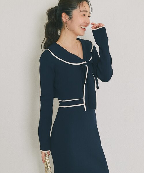 La boutique BonBon（ラブティックボンボン）の「【最強着映えセット】バイカラーニットセットワンピース（ワンピース・レディース・ネイビー/アイボリー/サックスブルー・PM/FREE）」の4枚目の写真