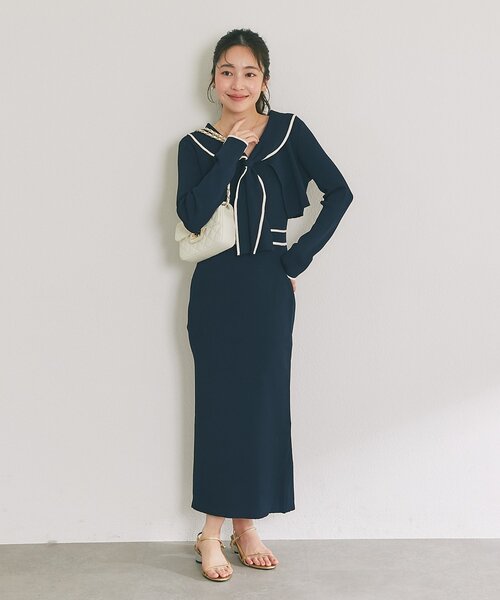 La boutique BonBon（ラブティックボンボン）の「【最強着映えセット】バイカラーニットセットワンピース（ワンピース・レディース・ネイビー/アイボリー/サックスブルー・PM/FREE）」の6枚目の写真