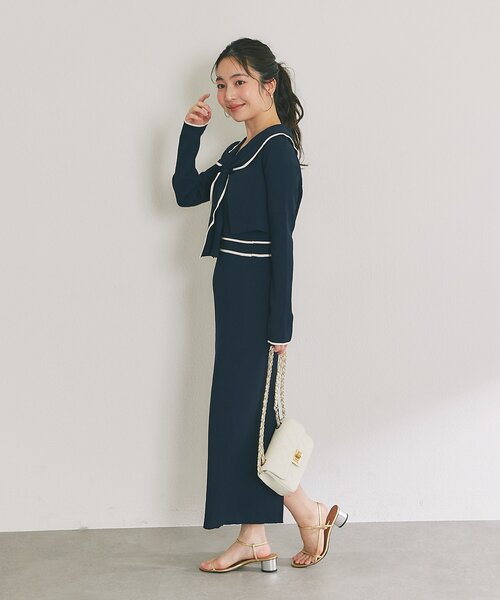 La boutique BonBon（ラブティックボンボン）の「【最強着映えセット】バイカラーニットセットワンピース（ワンピース・レディース・ネイビー/アイボリー/サックスブルー・PM/FREE）」の7枚目の写真