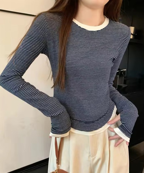ammy.(エイミードット)の「【 ammy. / エイミードット 】 配色 ボーダー レイヤード ロングスリーブTシャツ(Tシャツ/カットソー・レディース・ネイビー/グレー・FREE)」の2枚目の写真