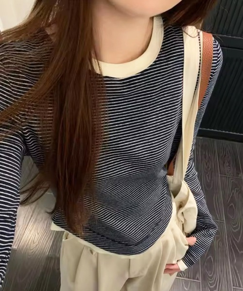 ammy.(エイミードット)の「【 ammy. / エイミードット 】 配色 ボーダー レイヤード ロングスリーブTシャツ(Tシャツ/カットソー・レディース・ネイビー/グレー・FREE)」の8枚目の写真