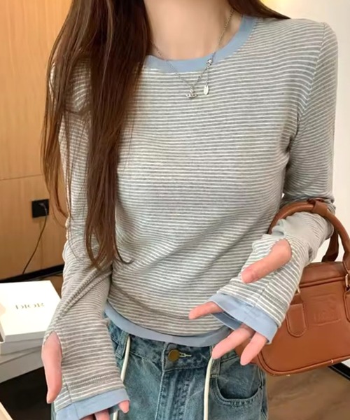 ammy.(エイミードット)の「【 ammy. / エイミードット 】 配色 ボーダー レイヤード ロングスリーブTシャツ(Tシャツ/カットソー・レディース・ネイビー/グレー・FREE)」の10枚目の写真
