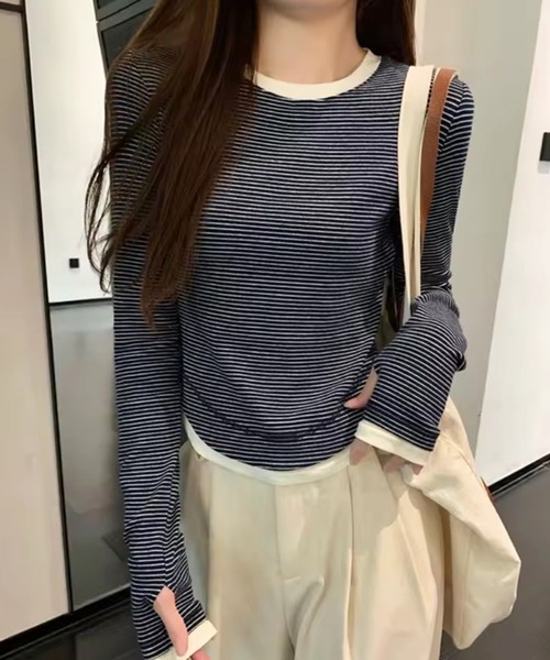 ammy.(エイミードット)の「【 ammy. / エイミードット 】 配色 ボーダー レイヤード ロングスリーブTシャツ(Tシャツ/カットソー・レディース・ネイビー/グレー・FREE)」の7枚目の写真