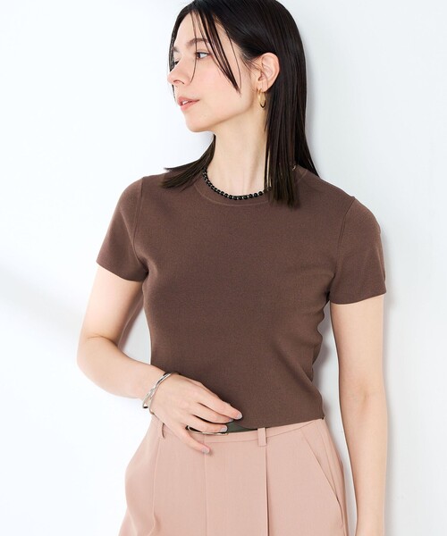 NOLLEY’S Sophi（ノーリーズソフィ）の「《手洗い可能/アンサンブル対応》マルチファンクション総針半袖プルオーバー（ニット/セーター・レディース・ブラウン/ホワイト/ベビーピンク/サックスブルー・FREE）」の2枚目の写真