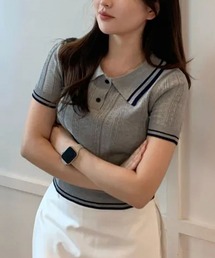 配色ライン半袖ポロニット