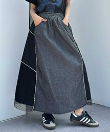 配色パイピング メッシュ切替 異素材MIX ロングスカート