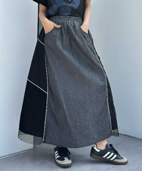 WESTSEA(ウエストシー)の「配色パイピング メッシュ切替 異素材MIX ロングスカート(スカート・レディース・ブラック・FREE)」の1枚目の写真