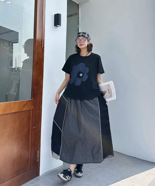 WESTSEA(ウエストシー)の「配色パイピング メッシュ切替 異素材MIX ロングスカート(スカート・レディース・ブラック・FREE)」の3枚目の写真