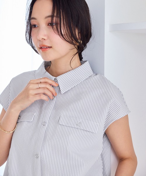 VIS(ビス)の「フレンチスリーブサッカーブラウス/UVケア・WEB限定カラー(シャツ/ブラウス・レディース・サックスブルー/ブラック系その他/グレー/ネイビー/ホワイト・FREE)」の13枚目の写真