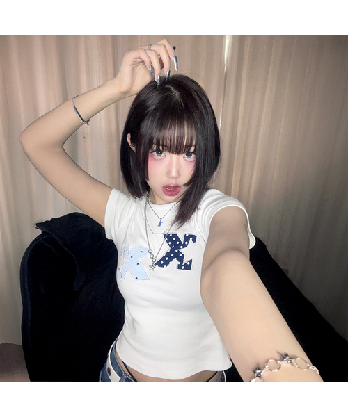 KKEEE(ケーケーイーイー)の「KKドットパッチコージ半袖Tシャツ(2色)(Tシャツ/カットソー・レディース・ホワイト/ブラック/スカイブルー・FREE)」の1枚目の写真