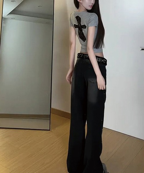 ADDITION STORE(アディションストア)の「\バックの大きなレースクロスデザインがアクセント/クロスモチーフ チビT(Tシャツ/カットソー・レディース・グレー/ブルー・SMALL/MEDIUM/LARGE)」の19枚目の写真