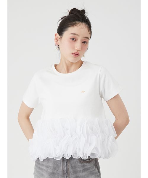 LILY BROWN(リリーブラウン)の「ボリュームフリルカットトップス(Tシャツ/カットソー・レディース・ホワイト/ブラウン/ネイビー・F)」の1枚目の写真