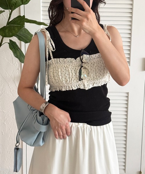 MUHET（ミュエータ）の「shirring ribbon bustier / シャーリングリボンビスチェ（キャミソール・レディース・ピンク/ライトブルー/オフホワイト・FREE）」の5枚目の写真