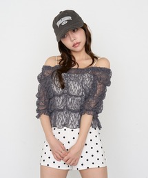 【レース / チェック】ギャザーデザインブラウス / クシュクシュブラウス