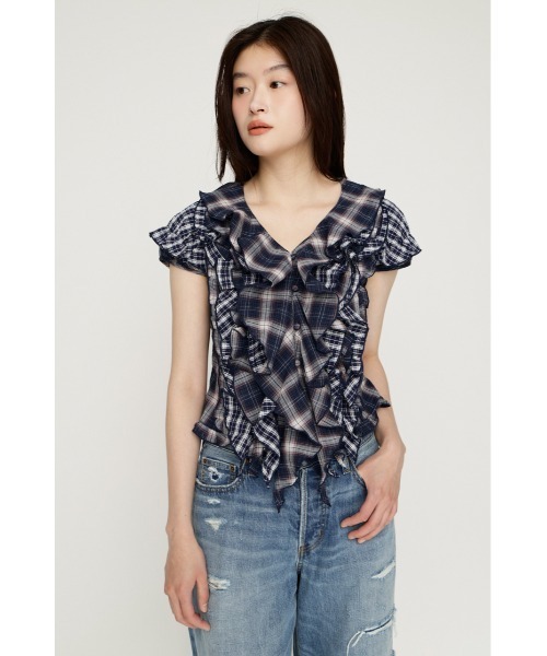 SLY（スライ）の「MIX FRILL COMPACT BL ミックスフリルコンパクトブラウス 夏服 秋服（シャツ/ブラウス・レディース・アイボリー/ネイビー系/ブラック系その他2・FREE）」の9枚目の写真