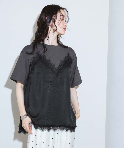 LAKOLE(ラコレ)の「サテンドッキングT / 1023225(Tシャツ/カットソー・レディース・チャコール/オフホワイト/ライトブルー・FREE)」の5枚目の写真