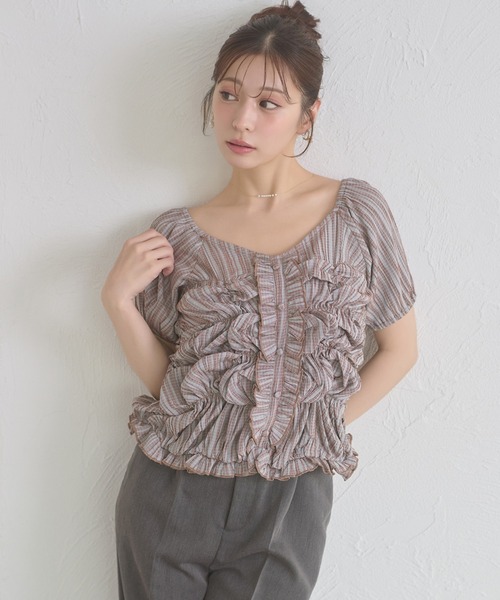 Ambre Neige(アンブルネージュ)の「crinkly flill tops / クシュクシュフリルトップス(シャツ/ブラウス・レディース・オフホワイト/ダークブラウン/その他・FREE)」の3枚目の写真