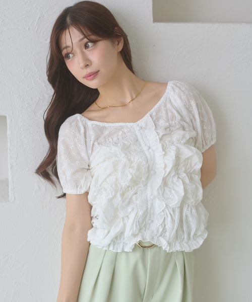 Ambre Neige(アンブルネージュ)の「crinkly flill tops / クシュクシュフリルトップス(シャツ/ブラウス・レディース・オフホワイト/ダークブラウン/その他・FREE)」の2枚目の写真