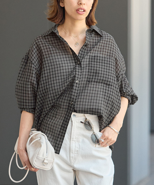 IENA(イエナ)の「シアーボイルチェックシャツ(シャツ/ブラウス・レディース・ブラック/レッド/レッド系その他・FREE)」の8枚目の写真