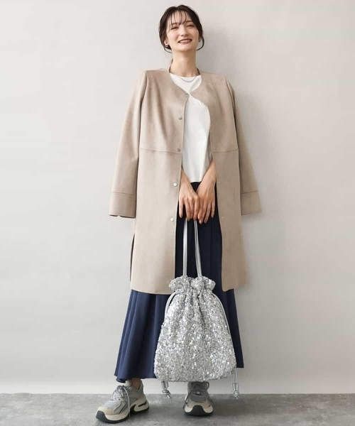 MK MICHEL KLEIN（エムケーミッシェルクラン）の「[洗える]フェイクスウェードノーカラーコート（ノーカラーコート・レディース・ベージュ/モカ/ライトブルー・38）」の2枚目の写真